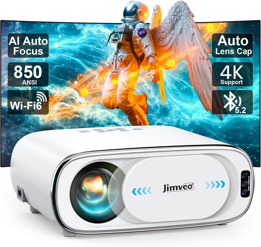 [AI Auto Focus+Auto Lens Cap]Outdoor-Projector 4K with WiFi 6 and Bluetooth:Upgrade 850 ANSI Native 1080P Jimveo Portable Projector, Auto 6D KeystoneZoom,Home LED Movie Projector for Outdoor/Home Use