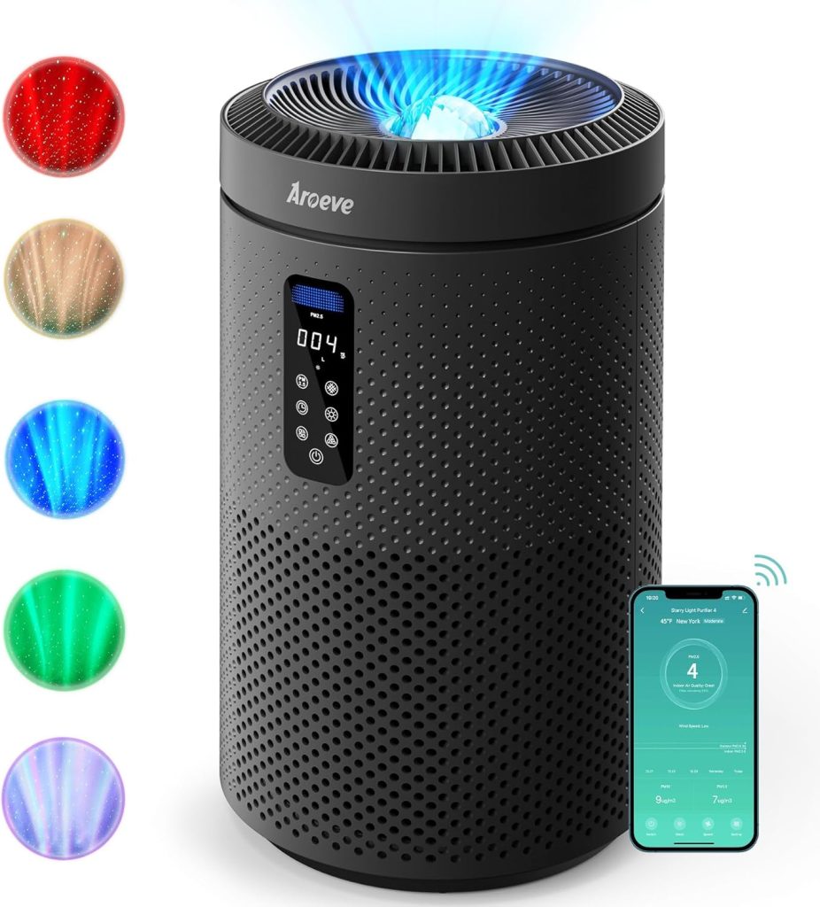 AROEVE Air Purifiers for Home Large Room up to 1782Ft² with Star Projector, Smart WIFI, Air Quality Sensor, UV, Washable Filter for Bedroom Whole Home, MK09W Space Grey