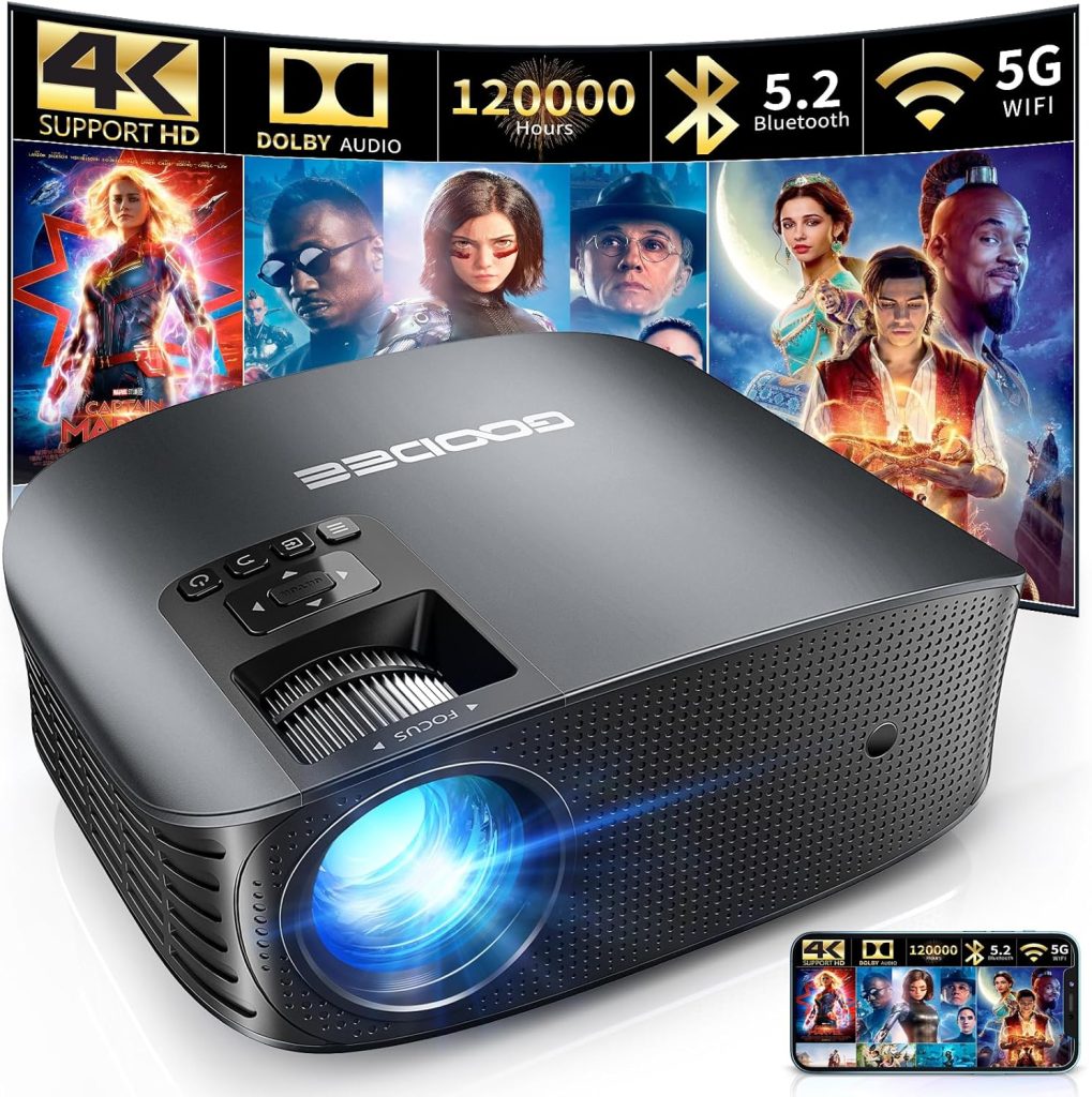 GooDee Projector 4K With WiFi And Bluetooth Supported, FHD 1080P Mini Projector For Outdoor Moives, 5G Video Projector For Home Theater Dolby Audio Zoom Portable Projector TV Stick PPT (YG600 Plus)