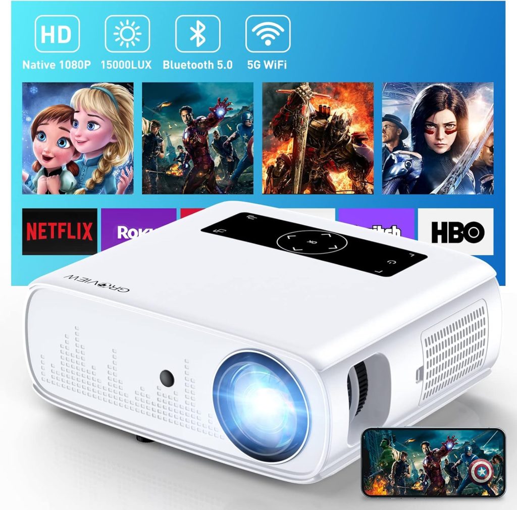 GROVIEW Projector, 15000lux 490ANSI Native 1080P WiFi Bluetooth Projector, 300 Video Projector, Supports 4K  Zoom, 5G Sync, Compatible with HDMI USB/ AV/ Smartphone/ Pad/ Laptop/ DVD/ TV Stick/ PS5