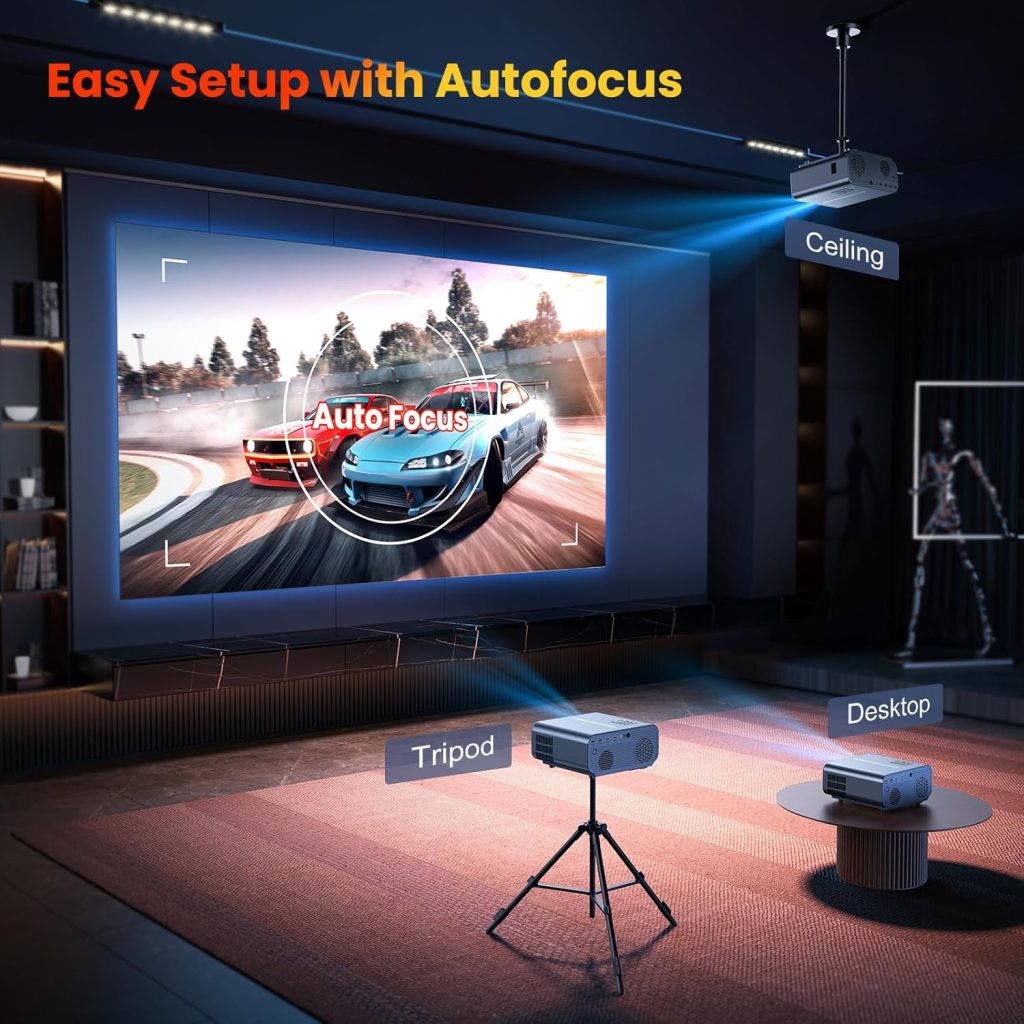 HAPPRUN Projector, [Auto Focus] Projector with WiFi and Bluetooth, 15000Lux Portable Outdoor Projector Support 4K, 6D Keystone 50% Zoom, Native 1080P Projector Compatible with HDMI/USB/AV/TV Stick/PS5