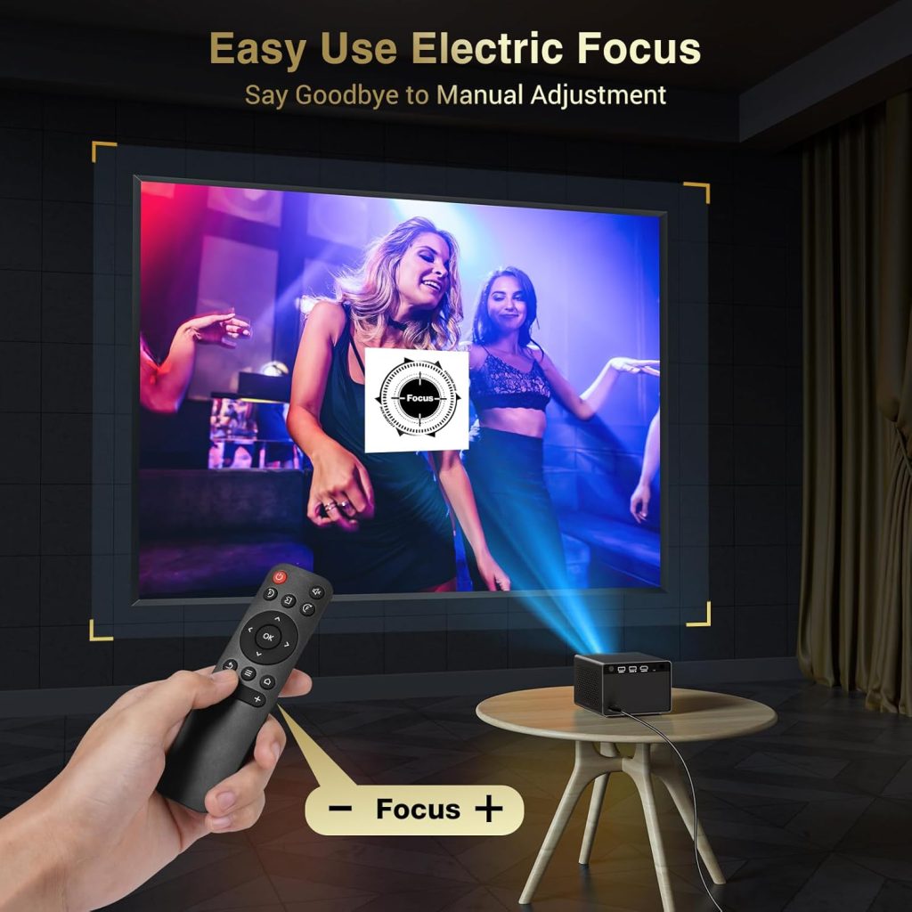 HAPPRUN Projector, [Electric Focus] Mini Projector, 1080P Support Portable Bluetooth Projector With Speaker, 200 Support Outdoor Movie Projector Compatible With Smartphone/HDMI/USB/AV/Fire Stick/PS5