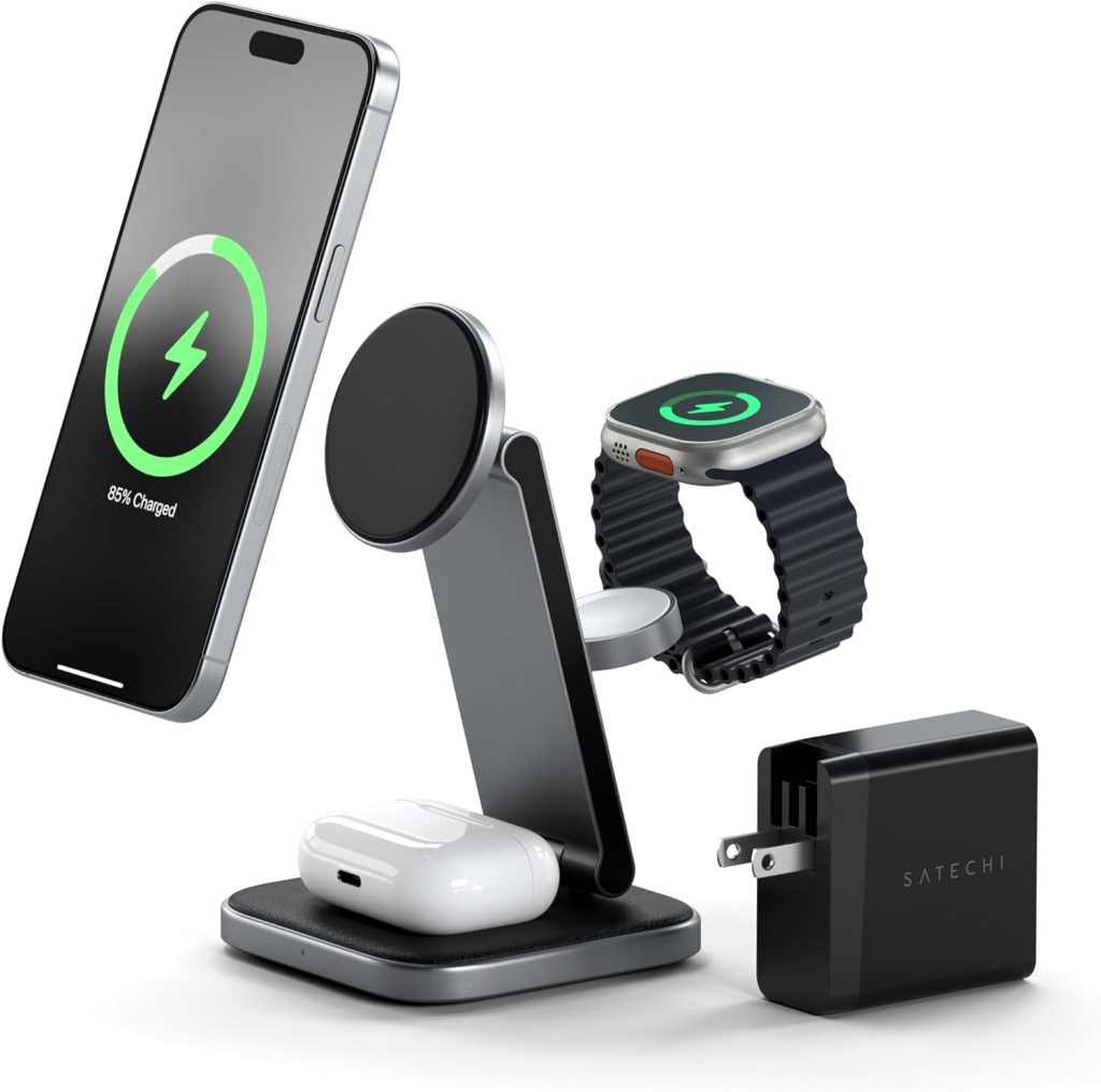 Satechi 3 in 1 Wireless Charging Station, Qi2 15W Magnetic, Foldable Travel Charger Station for iPhone 15/14/13/12, Apple Watch Series 8/7/SE/6/5/Ultra and AirPods Pro/3/2