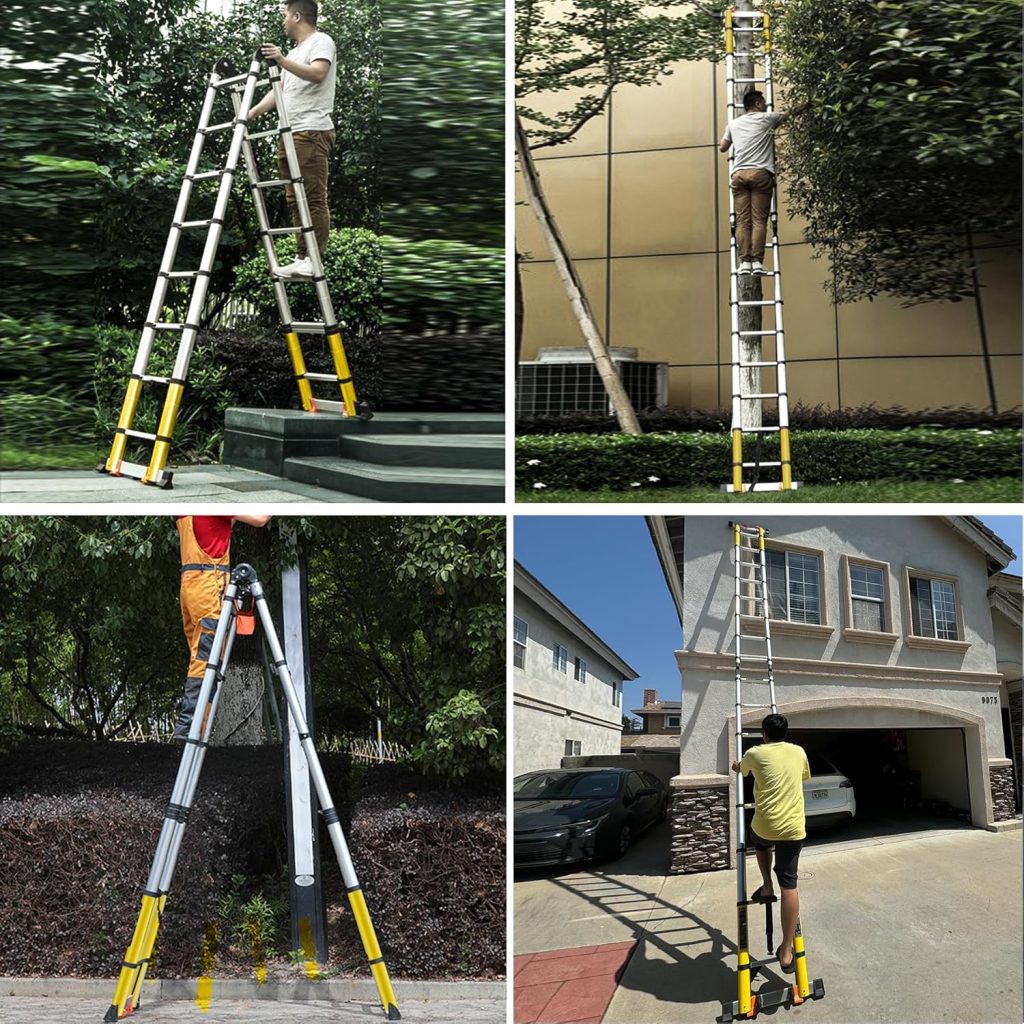 18FT Telescoping A Frame Ladder Portable Aluminum Extension Ladder Collapsiable to 39 w. Balance Bars/Wheels Adjustable Foldable 7+7 Foot Step Ladders 330lbs Capacity fit in car Trunk (2024 Widened)