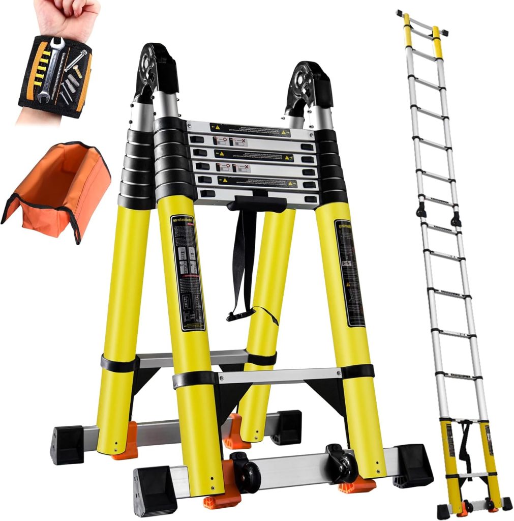 18FT Telescoping A Frame Ladder Portable Aluminum Extension Ladder Collapsiable to 39 w. Balance Bars/Wheels Adjustable Foldable 7+7 Foot Step Ladders 330lbs Capacity fit in car Trunk (2024 Widened)