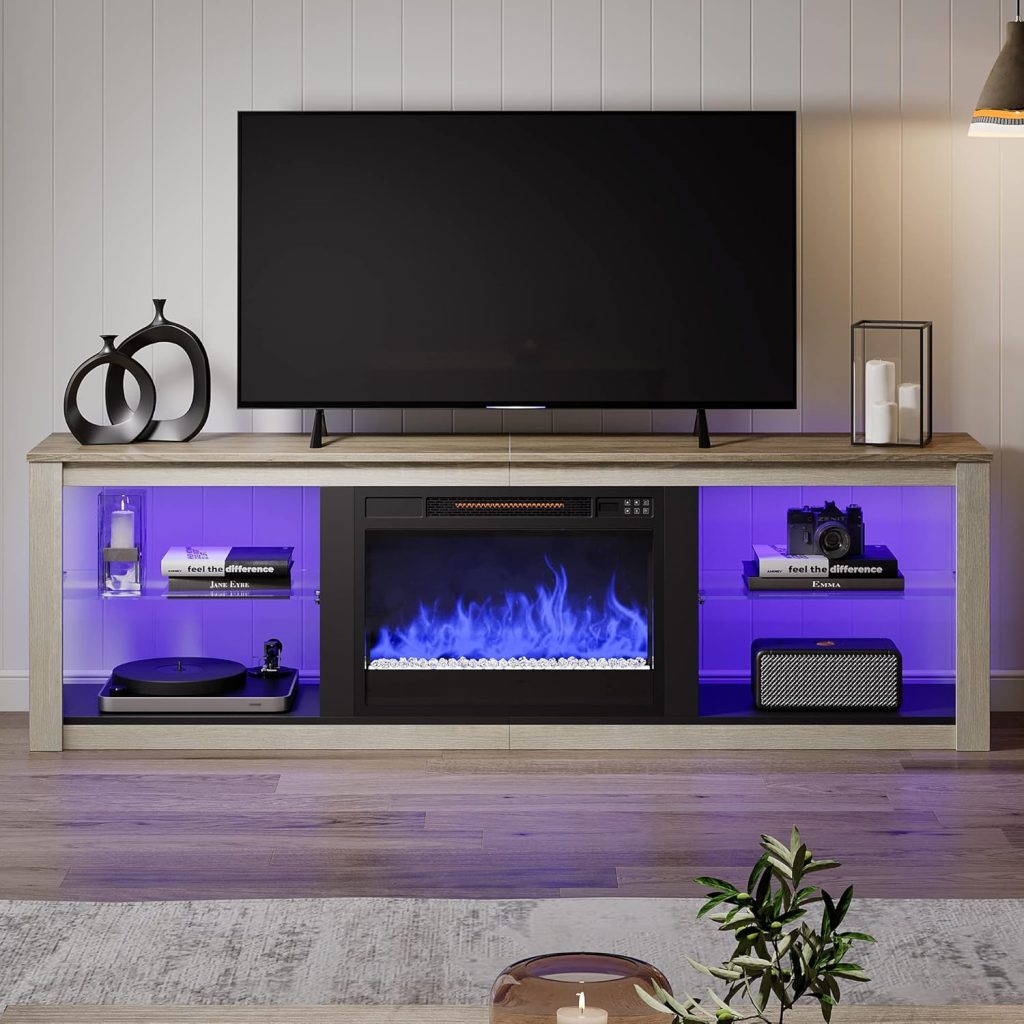 Bestier Fireplace TV Stand for 75 inch TV with 23 inch Electric Fireplace, 70 inch Entertainment Center for Living Room with LED Light Glass Shelves Wash White