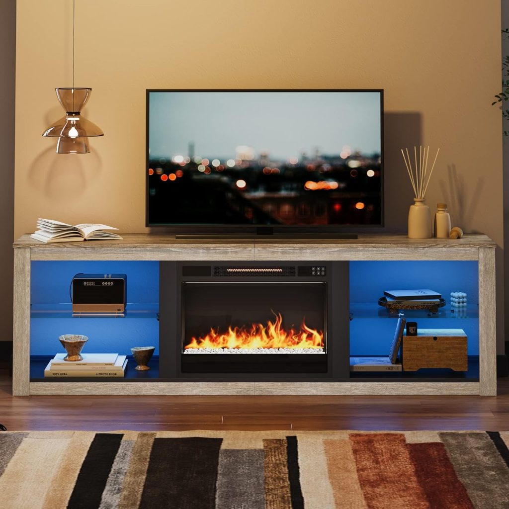 Bestier Fireplace TV Stand for 75 inch TV with 23 inch Electric Fireplace, 70 inch Entertainment Center for Living Room with LED Light Glass Shelves Wash White