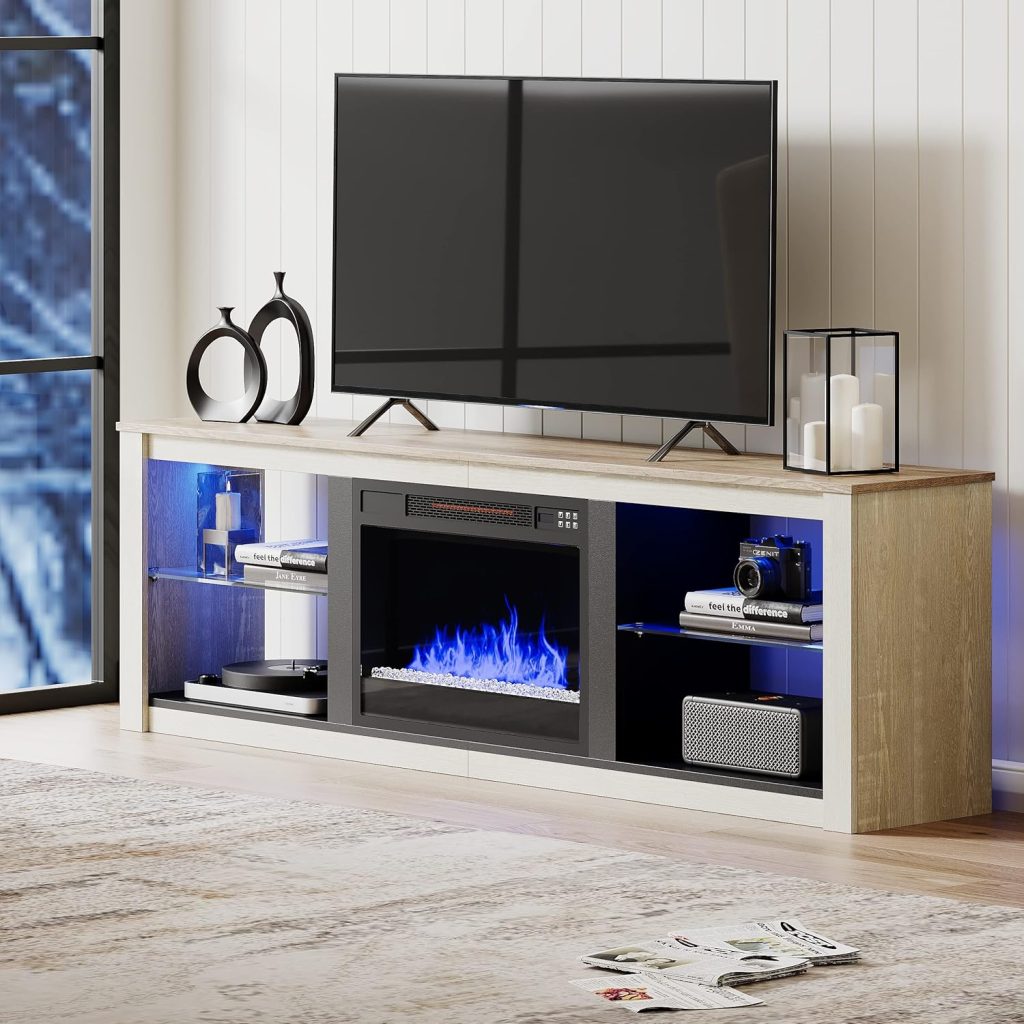 Bestier Fireplace TV Stand for 75 inch TV with 23 inch Electric Fireplace, 70 inch Entertainment Center for Living Room with LED Light Glass Shelves Wash White