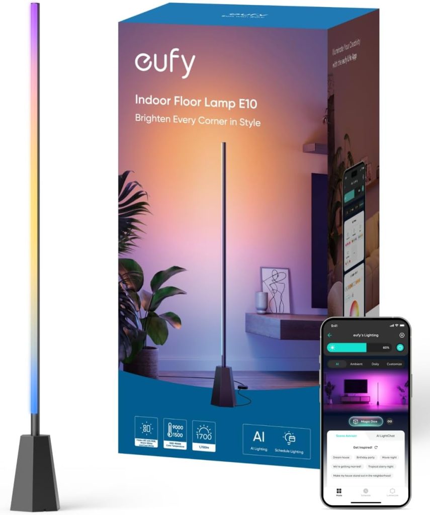 eufy Indoor Floor Lamp E10, RGBWW LED, Smart FLoor Lamp for Living Room and Bedroom, 16 Million Colors, 1700 Lumens, Works with Alexa, Google, Endless AI Light Themes for Christmas, Halloween, Black