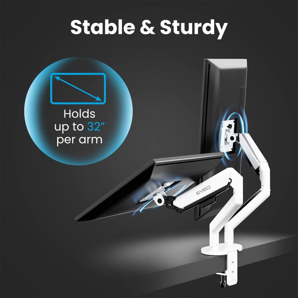 EVEO Premium Dual Monitor Mount 14-32” Dual Monitor Stand Vesa Bracket Adjustable Height Gas Spring Monitor Stand for Screen Full Motion Dual Monitor Arm-Computer Monitor Stand for 2 Screens - White