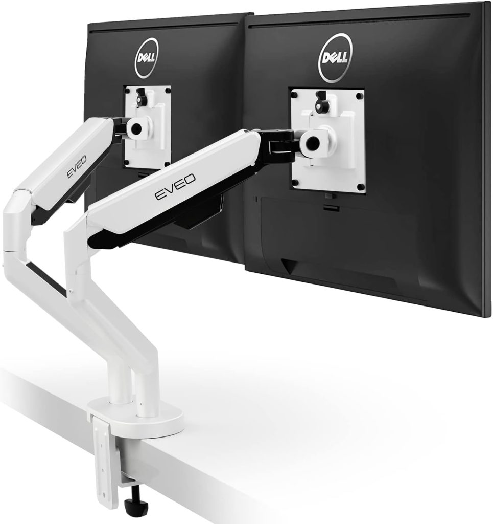 EVEO Premium Dual Monitor Mount 14-32” Dual Monitor Stand Vesa Bracket Adjustable Height Gas Spring Monitor Stand for Screen Full Motion Dual Monitor Arm-Computer Monitor Stand for 2 Screens - White