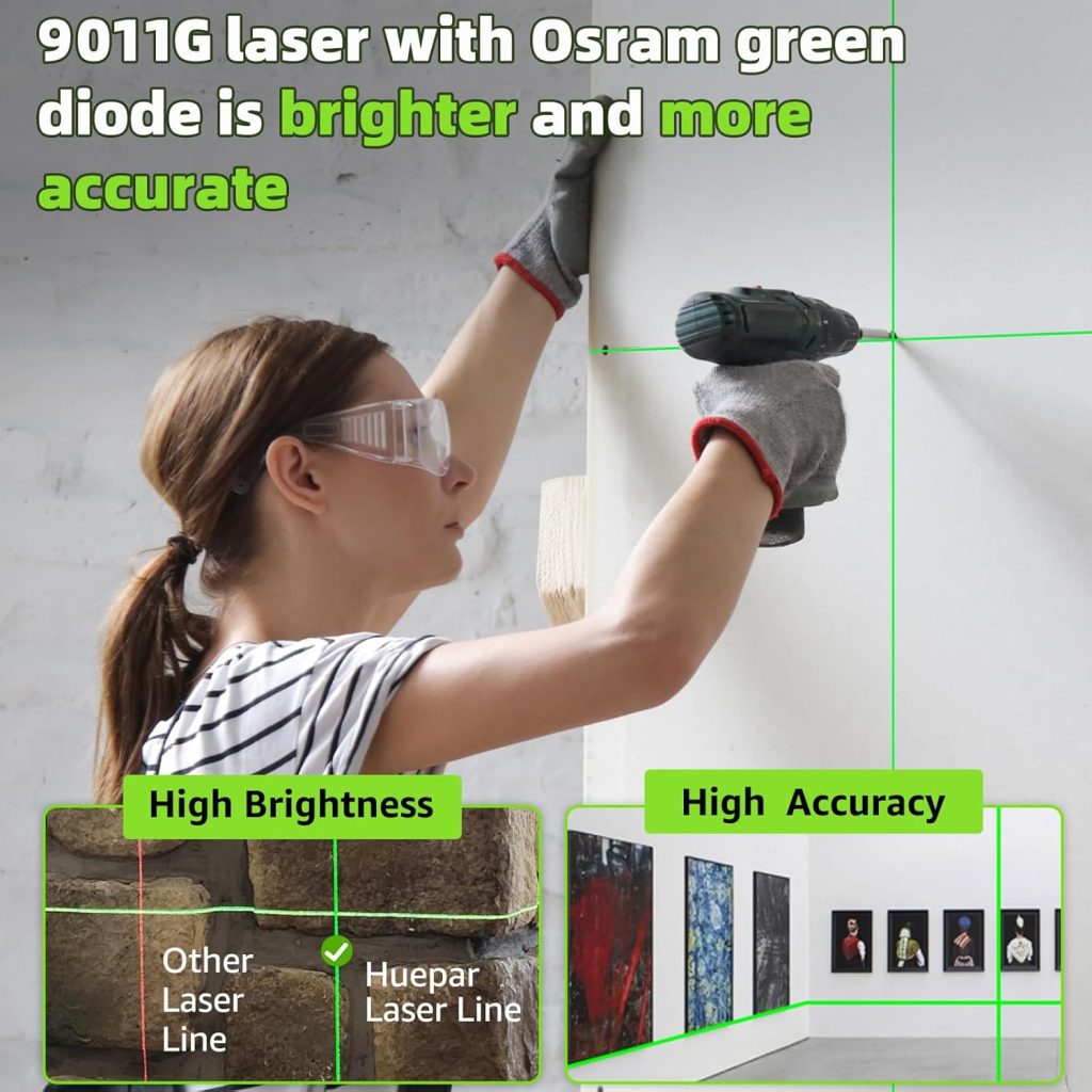 HUEPAR Laser Level Self-Leveling - 100 feet DIY Bright Green Cross Line Laser Leveler for Picture Hanging, Tile, Decoratio and Construction Indoor Project, 360° Magnetic Base  Battery Included