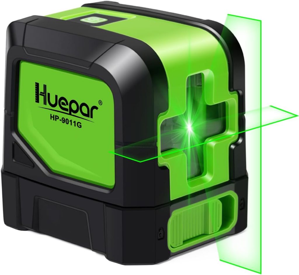 HUEPAR Laser Level Self-Leveling - 100 feet DIY Bright Green Cross Line Laser Leveler for Picture Hanging, Tile, Decoratio and Construction Indoor Project, 360° Magnetic Base  Battery Included