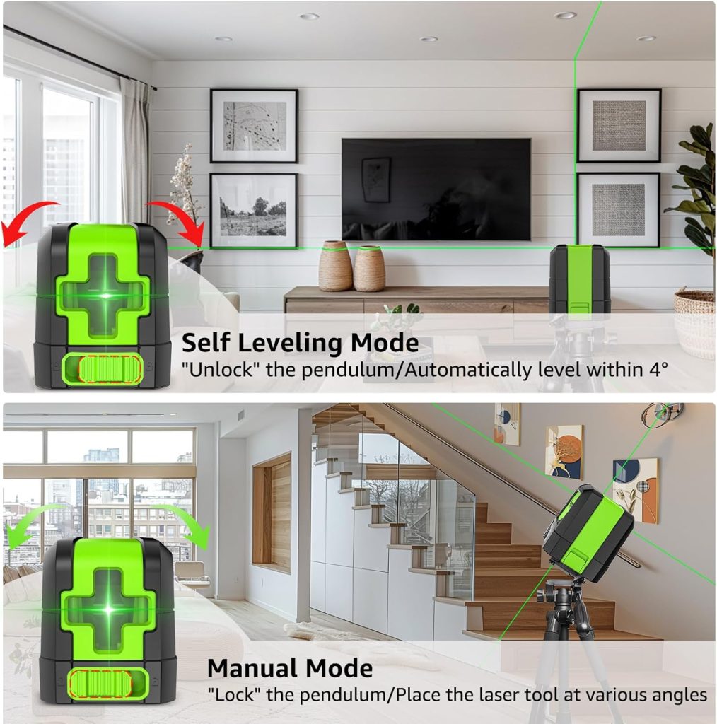 HUEPAR Laser Level Self-Leveling - 100 feet DIY Bright Green Cross Line Laser Leveler for Picture Hanging, Tile, Decoratio and Construction Indoor Project, 360° Magnetic Base  Battery Included