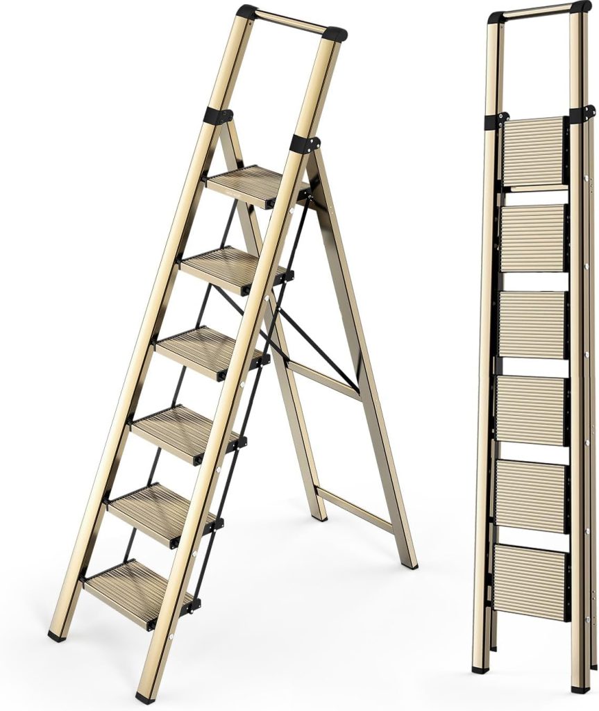 WOA WOA 6 Step Ladder, Lightweight Folding Ladder with Non-Slip Wide Pedals, Ladder with Safe Grip Handle, Easy to Open and Close, Suitable for Home and Outdoor - Brown Gold