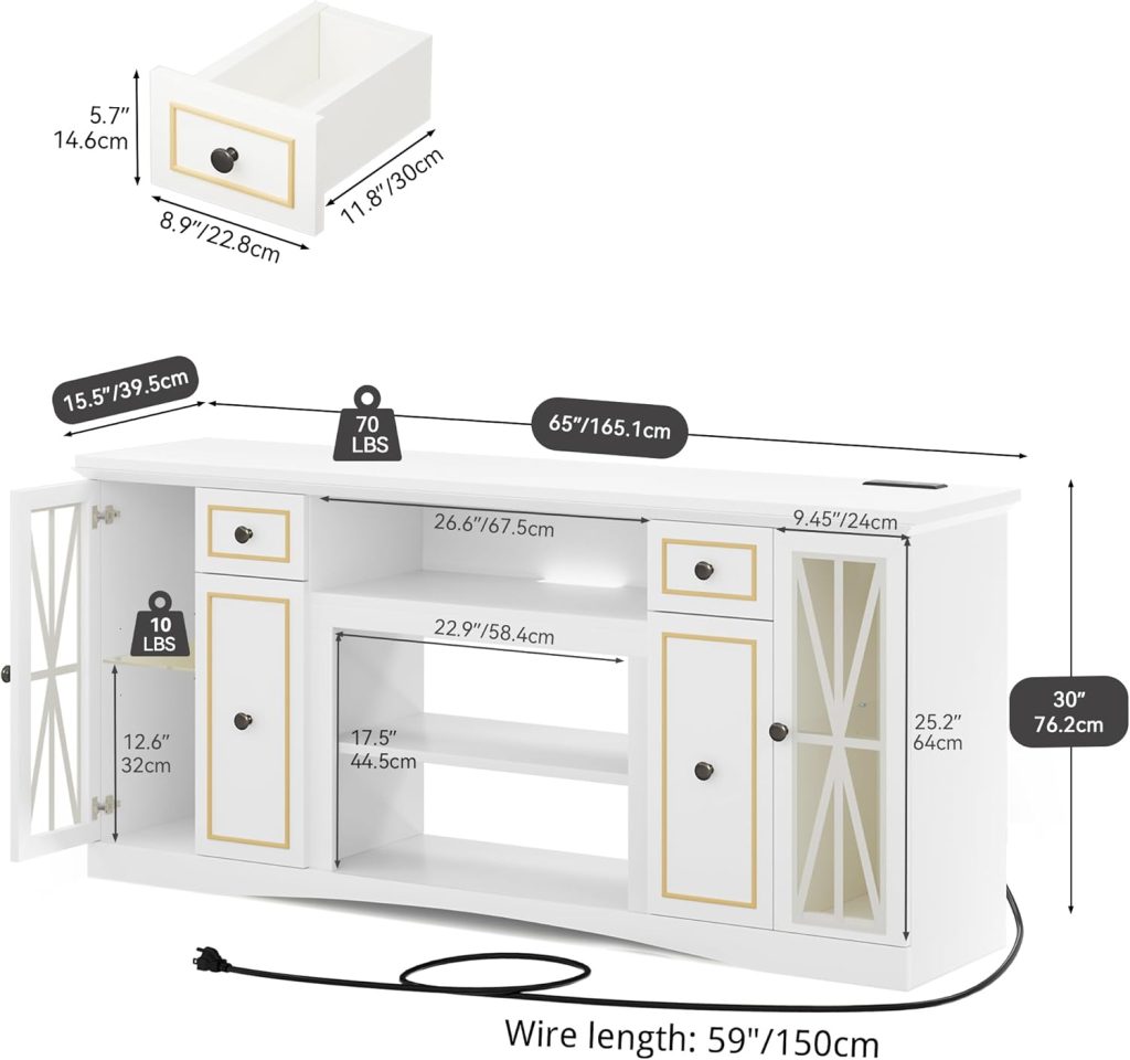 YITAHOME LED Home Modern Farmhouse TV Stand for 75 Inches TVs, Wood Entertainment Center with Power Outlet  Storage Drawers, TV Cabinet for Living Room, Ivory 65