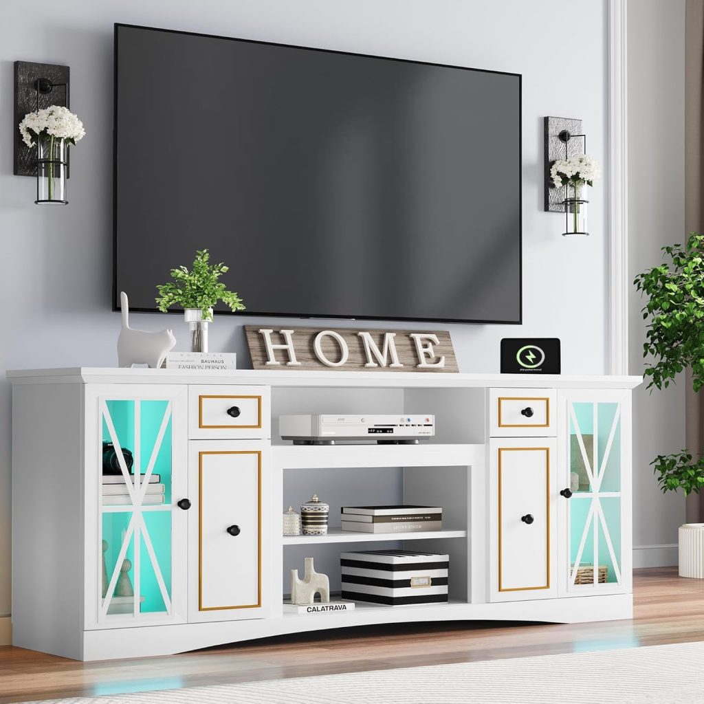 YITAHOME LED Home Modern Farmhouse TV Stand for 75 Inches TVs, Wood Entertainment Center with Power Outlet  Storage Drawers, TV Cabinet for Living Room, Ivory 65