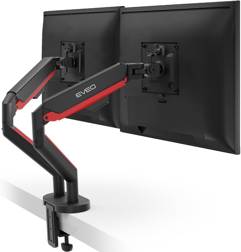 EVEO Premium Dual Monitor Mount 14-32” Dual Monitor Stand Vesa Bracket Adjustable Height Gas Spring Monitor Stand for Screen Full Motion Dual Monitor Arm-Computer Monitor Stand for 2 Screens - Red