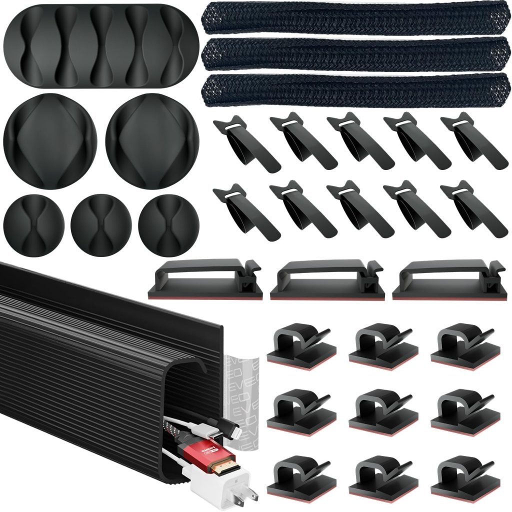 EVEO Desk Cable Management Kit - Cord Organizer Cable Management Under Desk | Cable Raceway, Cable Sleeve, Adhesive Cable Clips, Cord Clips, Cable Organizer, Cord Holder, Under Desk Cable Management